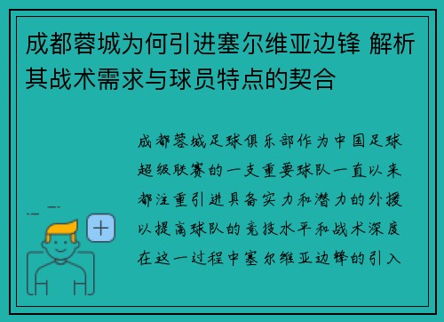 成都蓉城为何引进塞尔维亚边锋 解析其战术需求与球员特点的契合