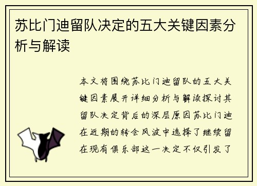 苏比门迪留队决定的五大关键因素分析与解读