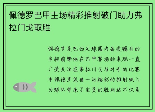 佩德罗巴甲主场精彩推射破门助力弗拉门戈取胜