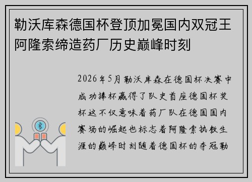 勒沃库森德国杯登顶加冕国内双冠王阿隆索缔造药厂历史巅峰时刻
