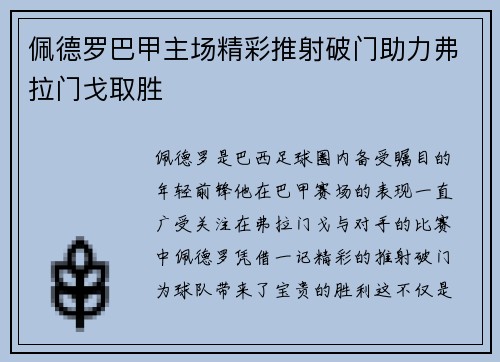 佩德罗巴甲主场精彩推射破门助力弗拉门戈取胜